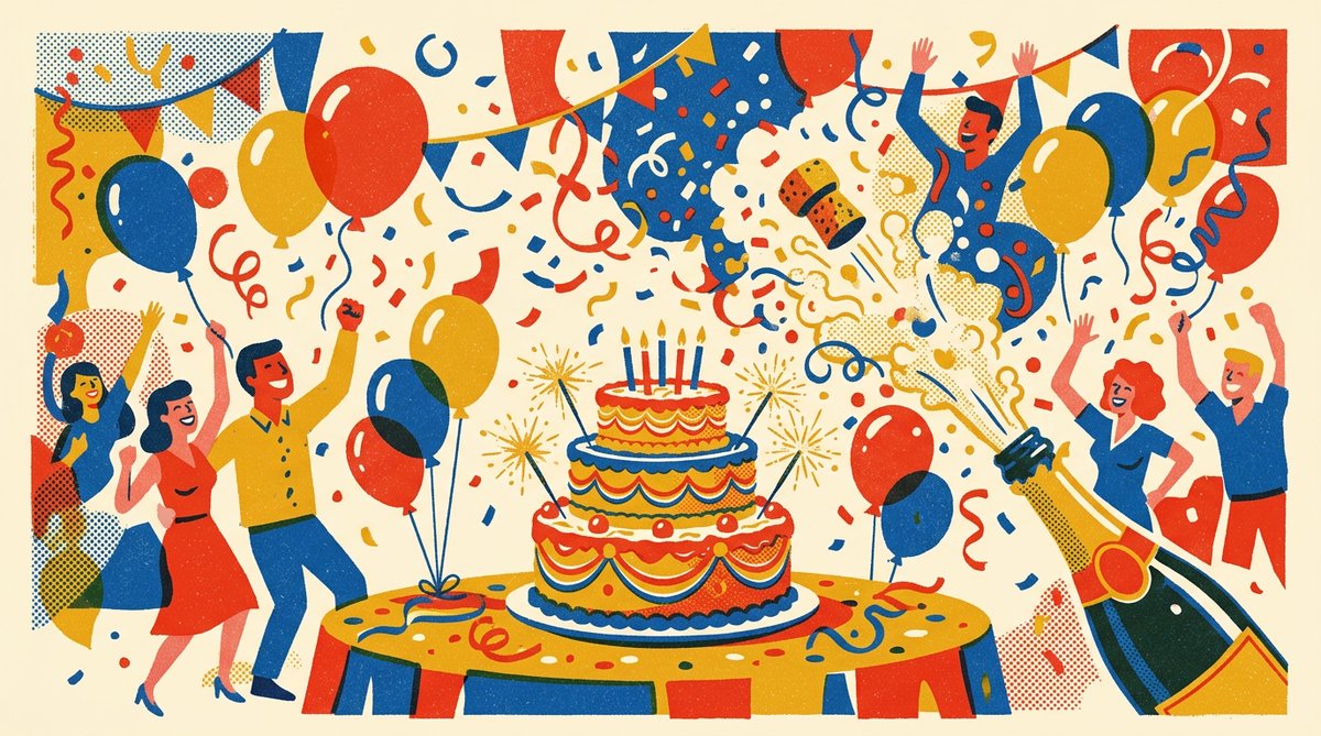 Illustrazione di una festa: torta a tre piani con candeline, palloncini, coriandoli, spumante stappato e amici che ballano